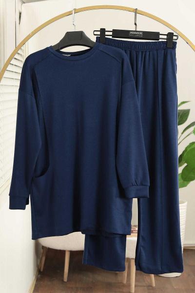 Sıfır Yaka Naturel Dikişli Pantolonlu Aysho Takım Lacivert