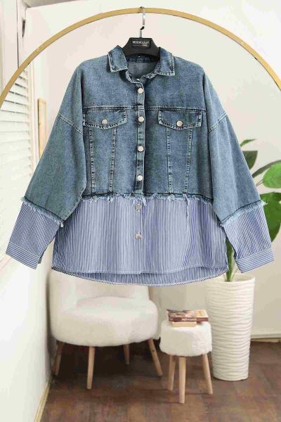 Çizgili Garnili Kot Ceket Mavi