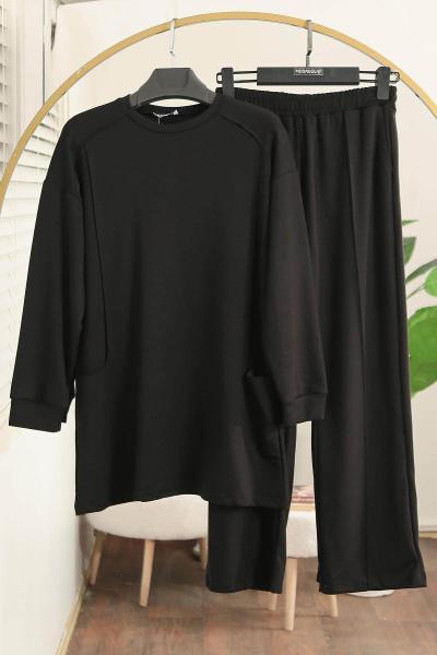 Sıfır Yaka Naturel Dikişli Pantolonlu Aysho Takım Siyah