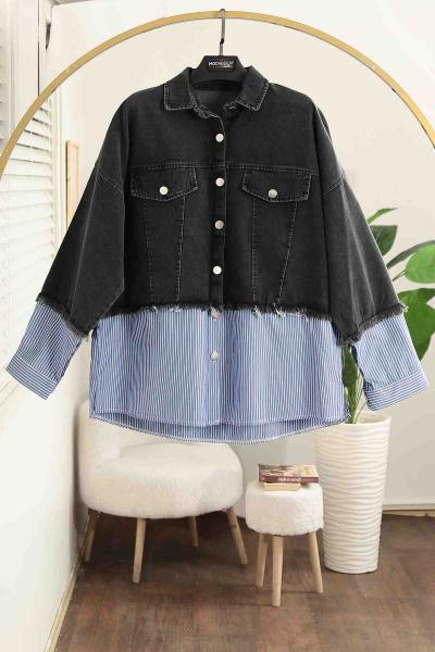 Çizgili Garnili Kot Ceket Siyah