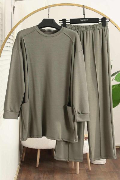 Sıfır Yaka Naturel Dikişli Pantolonlu Aysho Takım Adaçayı