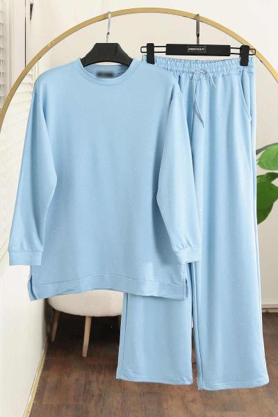 Serpme Taş Detaylı Modal İkiip Pantolonlu Takım Bebe Mavi