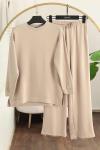Serpme Taş Detaylı Modal İkiip Pantolonlu Takım Bej
