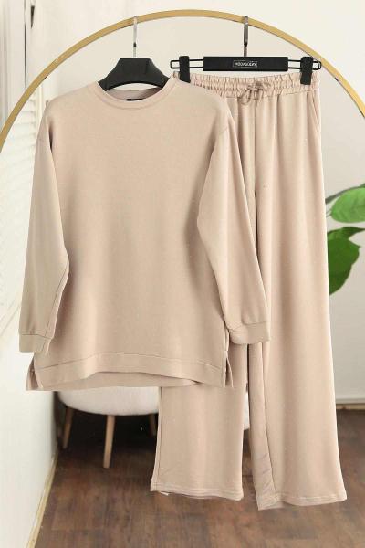 Serpme Taş Detaylı Modal İkiip Pantolonlu Takım Bej