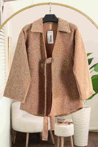 Tek Bağlamalı Buklet Ceket Camel