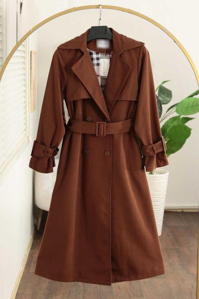 Dört Düğmeli Astarı Ekoseli Tokalı Kuşaklı Trençkot Kahve