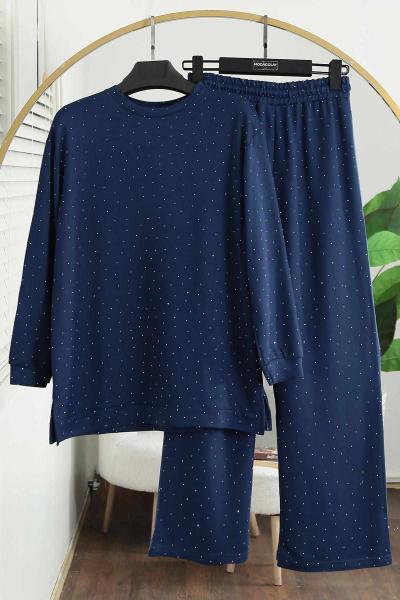 Serpme Taş Detaylı Modal İkiip Pantolonlu Takım Lacivert