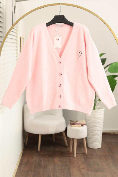 Oversıze Kalp Nakışlı Triko Hırka Pembe