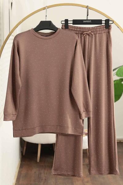 Serpme Taş Detaylı Modal İkiip Pantolonlu Takım Sütlü Kahve