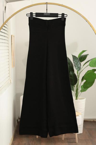 Beli Lastikli Bol Paça Basıc Triko Pantalon Siyah