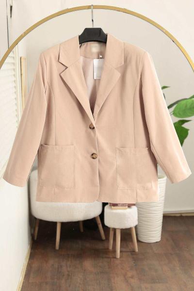 Çift Cepli Astarlı İki Düğmeli Oversıze Ceket Bej