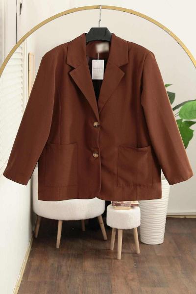 Çift Cepli Astarlı İki Düğmeli Oversıze Ceket Kahve