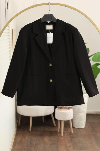 Çift Cepli Astarlı İki Düğmeli Oversıze Ceket Siyah