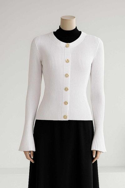 Sarı Düğmeli Fitilli İspanyol Kol Triko Hırka Beyaz