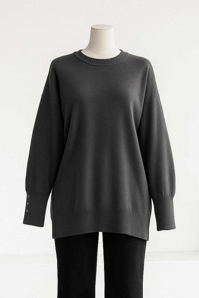 Kolları Düğmeli Sıfır Yaka Triko Tunik Füme