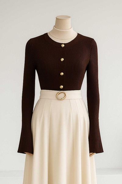 Sarı Düğmeli Fitilli İspanyol Kol Triko Hırka Kahve