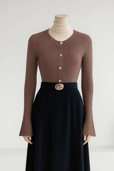 Sarı Düğmeli Fitilli İspanyol Kol Triko Hırka Sütlü Kahve