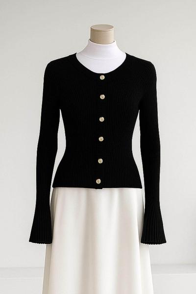 Sarı Düğmeli Fitilli İspanyol Kol Triko Hırka Siyah