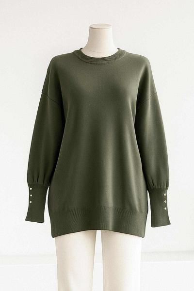 Kolları Düğmeli Sıfır Yaka Triko Tunik Adaçayı