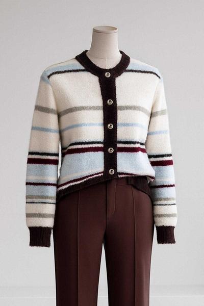 Renkli Çizgili Yumoş Triko Hırka Kahve Ekru