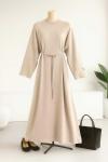 Kolu Armalı İnce Kuşaklı Modal İkiip Elbise Bej