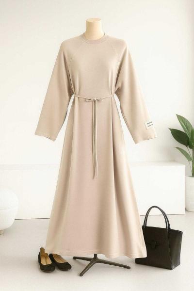Kolu Armalı İnce Kuşaklı Modal İkiip Elbise Bej