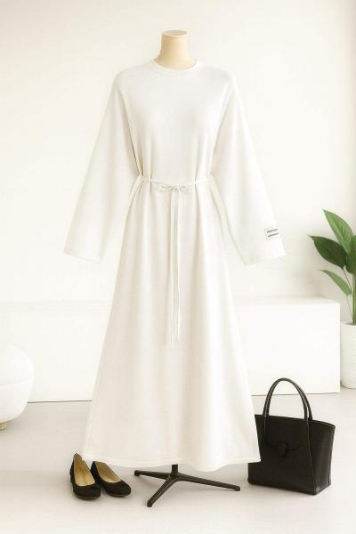 Kolu Armalı İnce Kuşaklı Modal İkiip Elbise Ekru