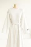 Kolu Armalı İnce Kuşaklı Modal İkiip Elbise Ekru