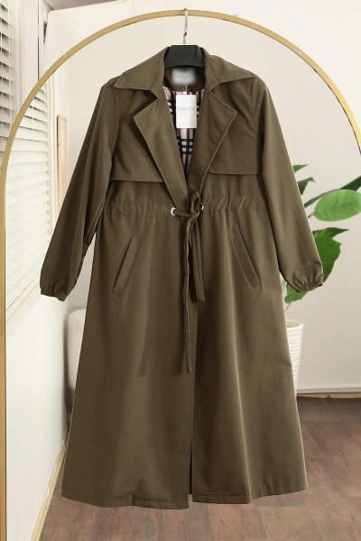 Kuş Gözlü Tünelli Astarı Ekoseli Trençkot Haki