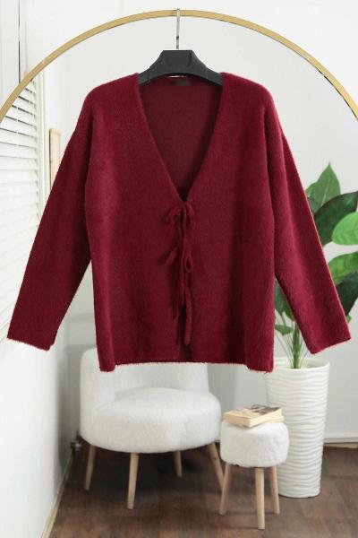 Çift Bağlamalı Yumoş Angora Hırka Bordo