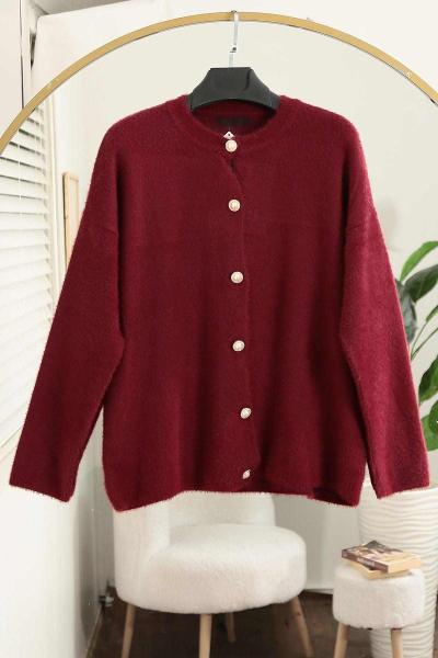 Altı Düğmeli Yumoş Angora Hırka Bordo