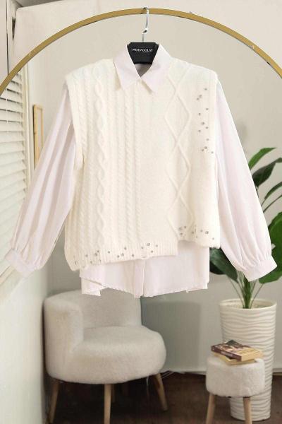 Taş Detaylı Triko Süveter Ekru