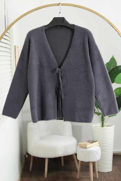 Çift Bağlamalı Yumoş Angora Hırka Füme