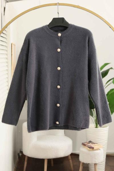 Altı Düğmeli Yumoş Angora Hırka Füme