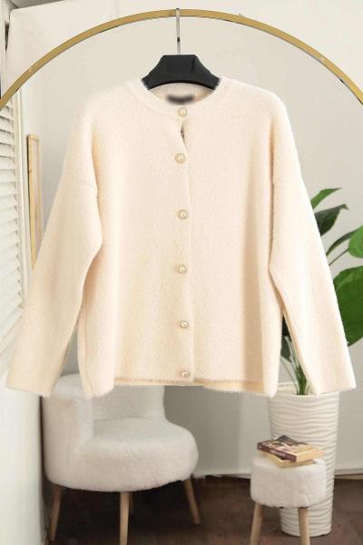 Altı Düğmeli Yumoş Angora Hırka Krem