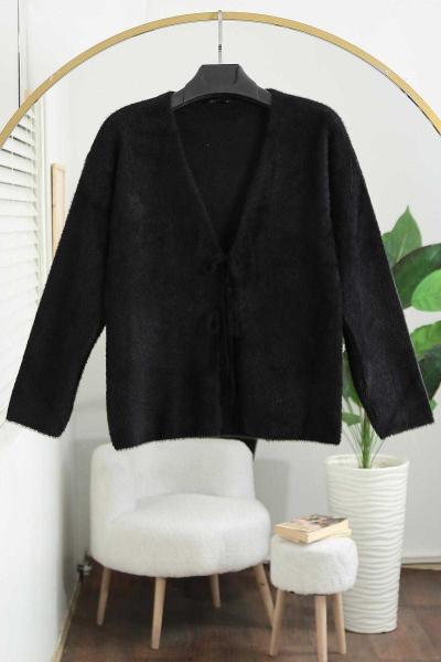 Çift Bağlamalı Yumoş Angora Hırka Siyah