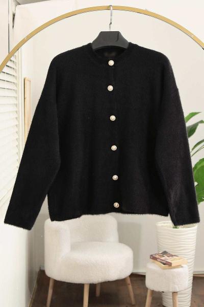Altı Düğmeli Yumoş Angora Hırka Siyah