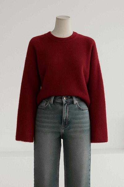 Bol Kollu Basıc Yumoş Angora Kazak Bordo