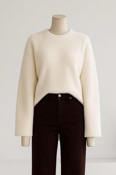 Bol Kollu Basıc Yumoş Angora Kazak Krem