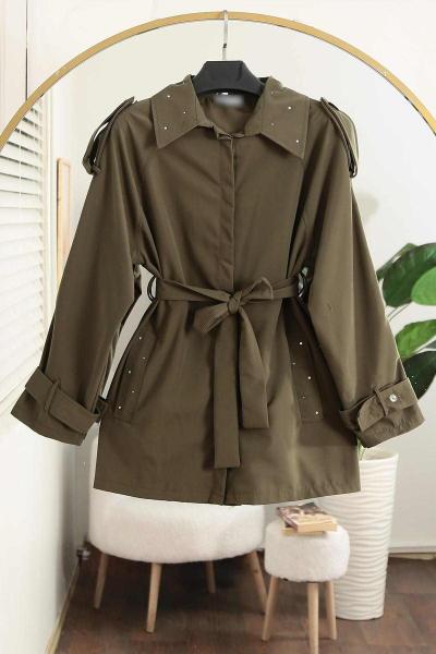 Taş Detaylı Kolu Beli Kuşaklı Trençkot Haki