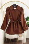 Taş Detaylı Kolu Beli Kuşaklı Trençkot Kahve