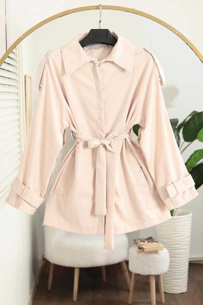 Taş Detaylı Kolu Beli Kuşaklı Trençkot Taş