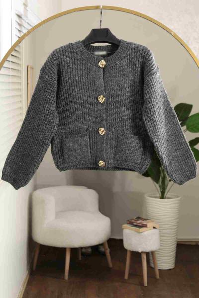 Dört Düğmeli Çift Cepli Triko Hırka Antrasit