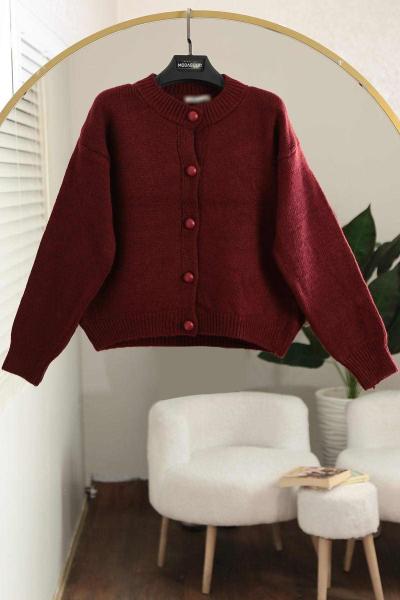 Beş Düğmeli Basıc Triko Hırka Bordo