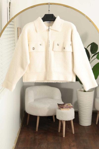 Kuş Gözlü Fermuarlı Sakal Triko Ceket Ekru