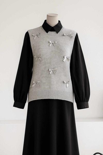 Kurdela Detaylı Triko Süveter Gri