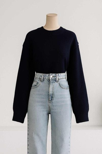 Sıfır Yaka Basıc Triko Kazak Lacivert