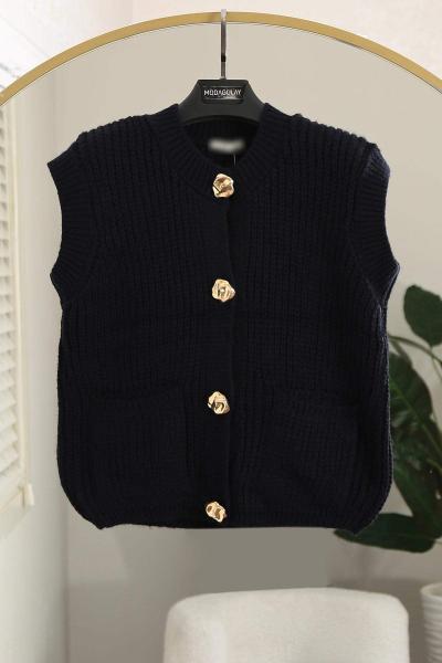 Çift Cepli Sarı Düğmeli Selanik Triko Yelek Lacivert