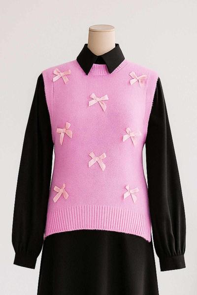 Kurdela Detaylı Triko Süveter Pembe