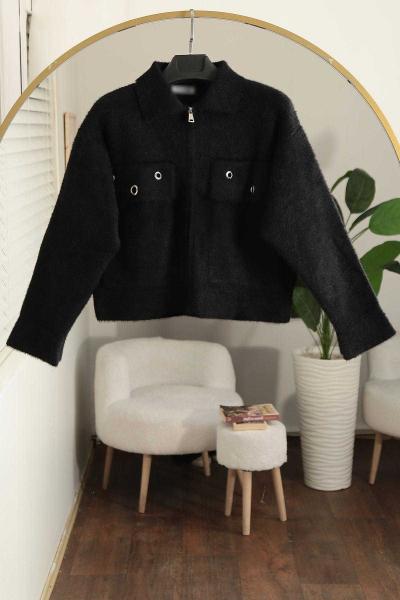 Kuş Gözlü Fermuarlı Sakal Triko Ceket Siyah